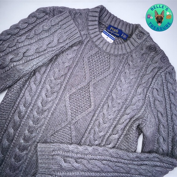 Polo Ralph Lauren Sweater Dress Small Chunky Cable Knit Gray Navy Anchor Buttons - Picture 1 of 10